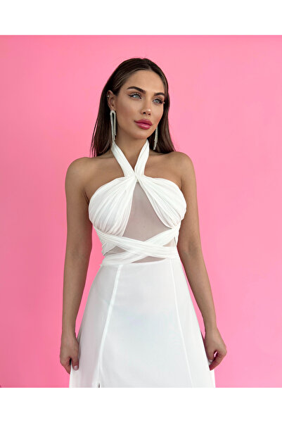 ESRAHELVACI Λευκό φόρεμα σχεδιαστή Halterneck