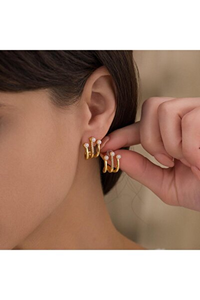 toptanhanem Zirkon Taşlı İncili Modern Tasarım Çelik Küpe | Gold Renk