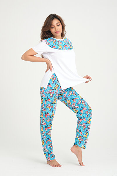 Avones Butterfly Printed Cotton T-shirt-Pants Knitted Pajama Set Turquoise
