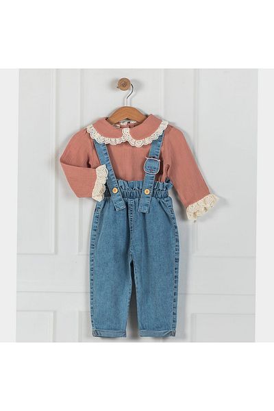 COLORED BABY Baby Girl Scallop Detailed Baby Collar Blouse and Denim Salopet Set