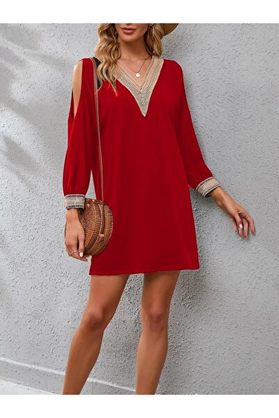 Zühre Rochie de damă cu mânecă lungă, guler și mânecă, cu dantelă, creponată,...