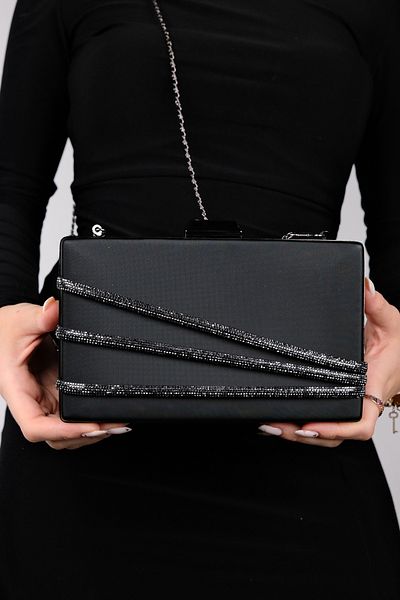 LuviShoes Geantă pentru rochie de seară de damă DEBON satin negru platină dungi Stone