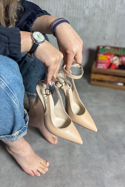 SHOEBELLAS Layla Bej Cilt Biyeli Kadın Topuklu Ayakkabı