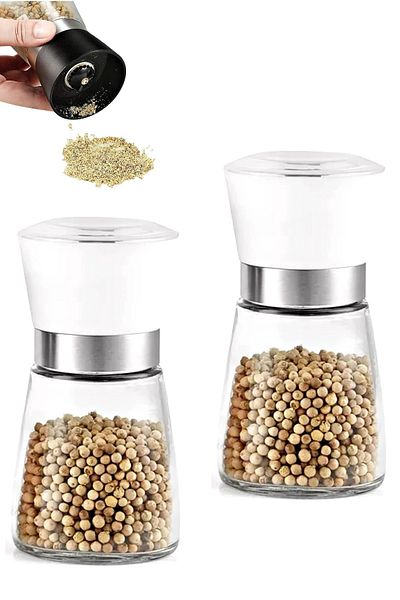Tilbe Home Set of 2 Pepper Salt Shakers Mill Ceramic Blade Grinder Medium Size Durable Glass Spice Grinder