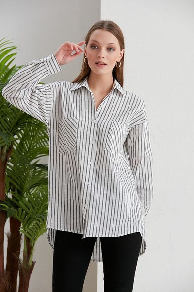 Lusin Cămașă lungă oversize cu dungi negre pentru damă, cu buzunare