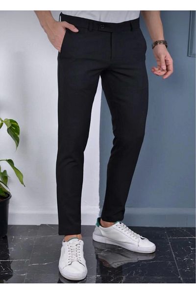 çerme Men's Black Color Italian Cut Quality Flexible Lycra Ankle Length Fabric Trousers