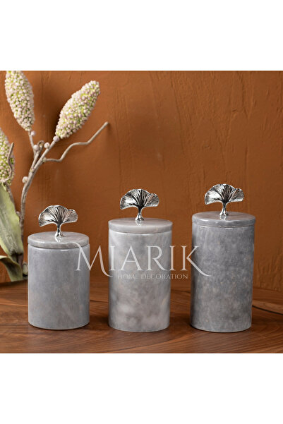 MIARIK DESIGN & DEKORASYON Dekoratif Gri Mermer Gümüş Renk Ginko Aksesuarli 3...