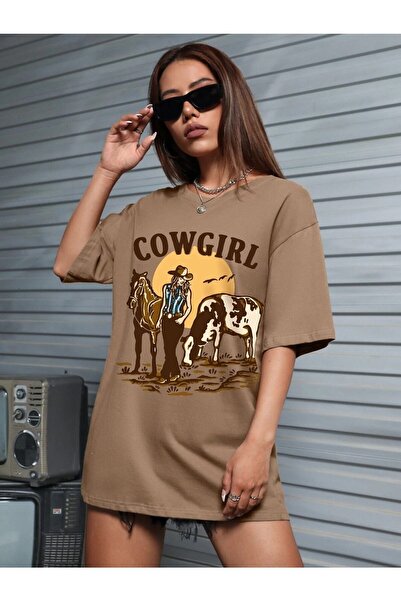 WOODROFFE Γυναικεία / Κορίτσια με στάμπα Cowgirl Oversize καφέ μπλουζάκι
