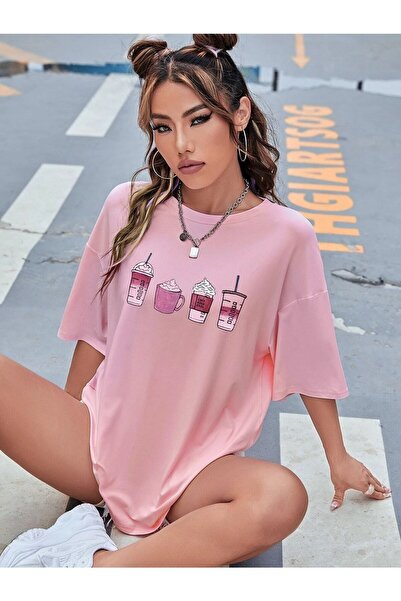 WOODROFFE Pink Cafe Štampano Oversize kroj Salas Boyfriend T-shirt Bluza za ž...