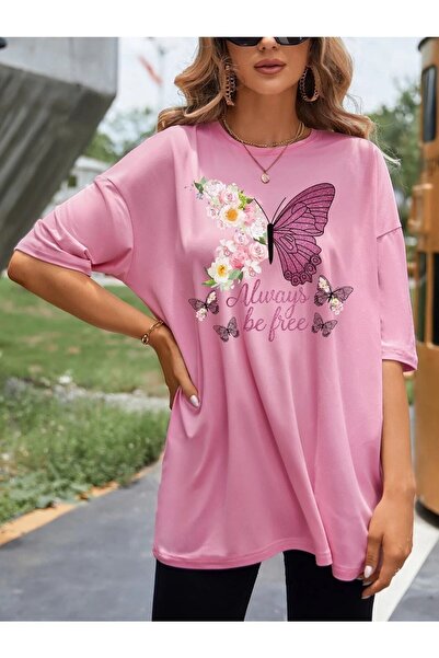 WOODROFFE Be Free Pink Oversize Salas Boyfriend Femei/Fete Tricou Top Bluză