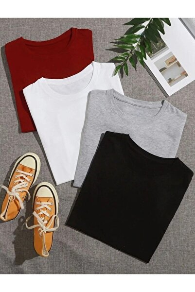 WOODROFFE للجنسين 4 حزمة أسود-أبيض-رمادي-أحمر عادي كبير الحجم طاقم الرقبة عار...