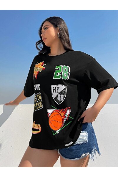 WOODROFFE Tricou negru oversize cu insignă imprimat pentru femei/fete