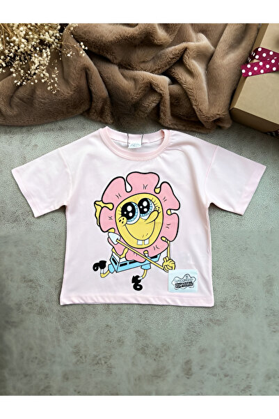 kidsepet SÜNGER BOB VE ÇİÇEK BASKILI KIZ BEBEK&ÇOCUK YAZLIK TİŞÖRT