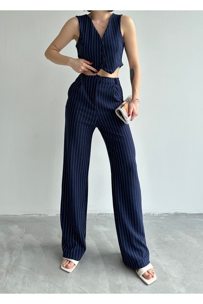 alenmoda Set vestă și pantaloni cu dungi pentru femei