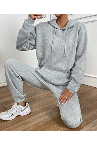 WOODROFFE Γυναικείο σετ φόρμας Basic με γκρι κάτω φόρμα Oversize με κουκούλα ...