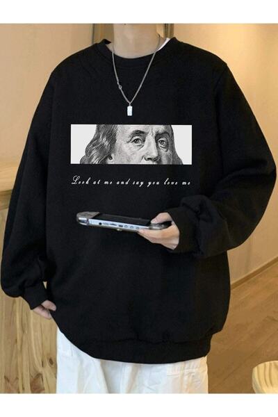 WOODROFFE Hanorac oversize pentru bărbați, cu imprimeu George Washington, neg...