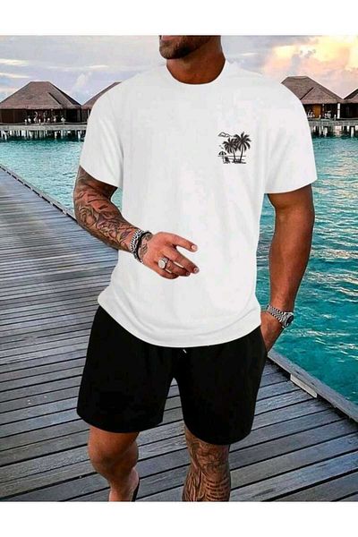 WOODROFFE Ανδρικό Σετ μπλουζάκι με σορτς Street Style Minimal Palm Printed Oversize Loose