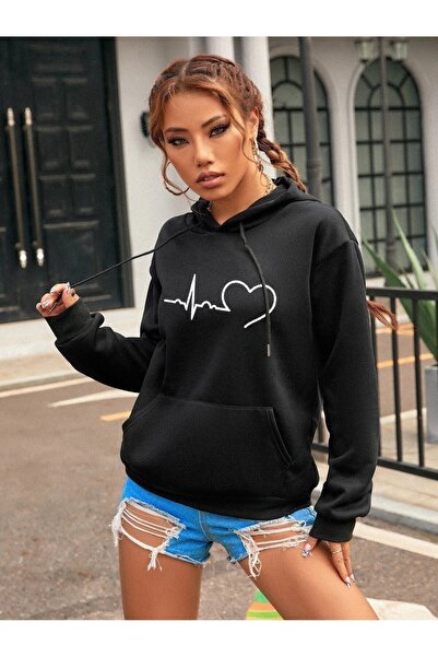 WOODROFFE Hanorac oversize cu glugă, unisex, cu imprimeu Heart Rhythm pentru femei