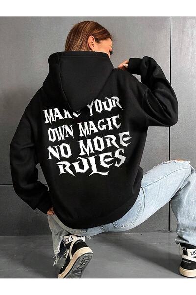 WOODROFFE Hanorac oversize cu glugă neagră unisex cu imprimeu magic pentru femei