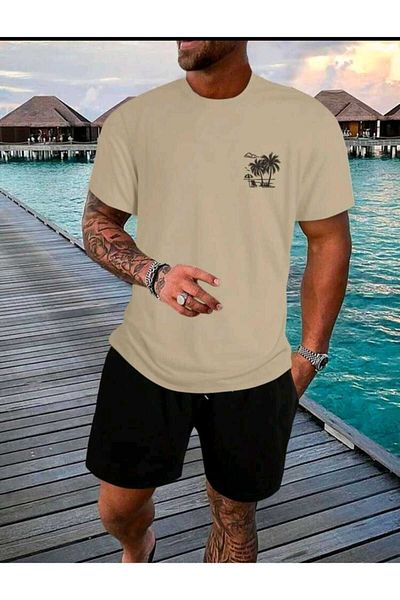 WOODROFFE Men's Minimal Palm Printed Street Style Shorts T-shirt Set Oversize Casual