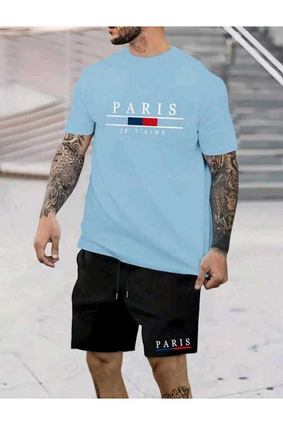 WOODROFFE Мъжки комплект къси панталони с тениска с щампа Paris Street Style, Oversize Casual