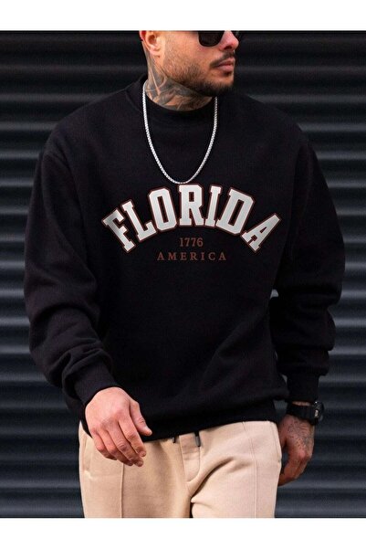 WOODROFFE Hanorac negru oversize unisex cu imprimeu Florida America pentru bă...