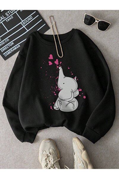 WOODROFFE Hanorac oversize negru unisex cu inimă de elefant cu imprimeu