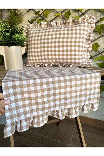 Decamor home Keten Fırfırlı Runner Vintage Pötikareli Bej Runner