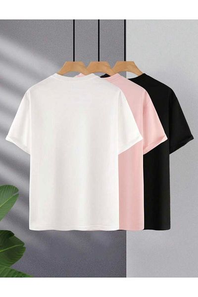 BYMEER Λευκό Ροζ Μαύρο Σετ με 3 μπλουζάκια Crew Neck Oversize