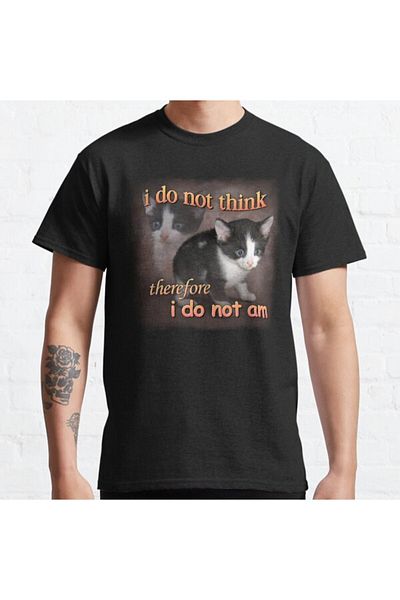ZOKAWEAR Loose Fit Black I Do Not Think Before I Do Not Am - Μπλουζάκι με στάμπα με πορτραίτο Cat Meme