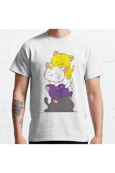 ZOKAWEAR Unisex Nonbinary Pride Flag Kawaii Kitty Design - Lgbtq Printed Tshirt, Loose Fit