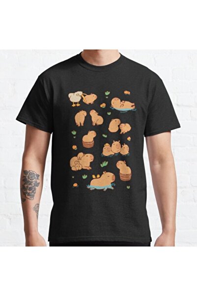 ZOKAWEAR Tricou cu imprimeu unisex Capybara, cu un model largi, cu fundal galben