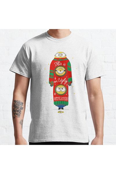 ZOKAWEAR Loose Fit Unisex Minions Christmas Ugly Sweater Group Stack Design Printed T-shirt