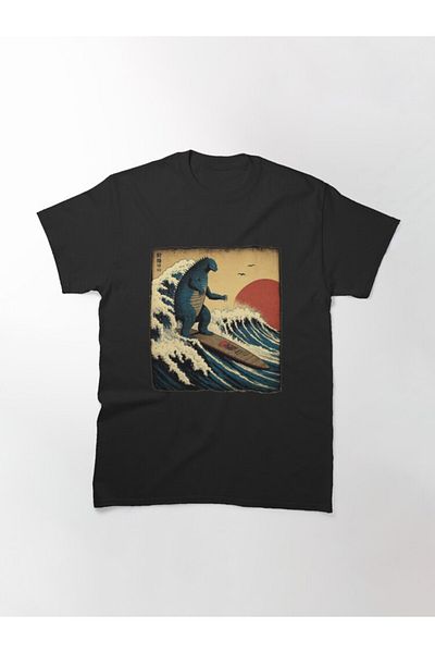 ZOKAWEAR Tricou imprimat unisex Godzilla Surfing The Great Wave de Hokusai Funny Parody Design