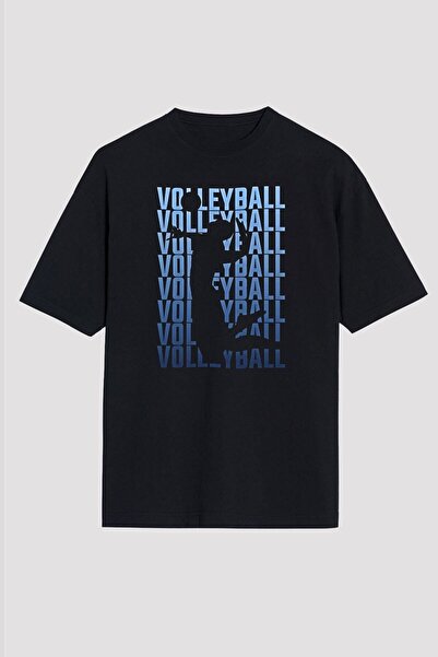 ZOKAWEAR Unisex Bol Kalıp Voleybol - Volleyball Baskılı Siyah Tişört