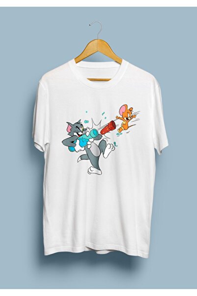 ZOKAWEAR تي شيرت مطبوع بتصميم توم وجيري أبيض فضفاض