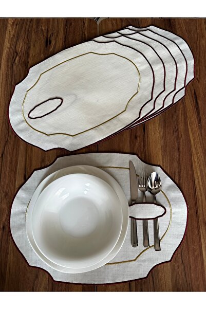 NURHAN HOME COLLECTION 6 Adet Bordo-Gold Nakışlı Kaşıklıklı Oval Amerikan Servis Supla