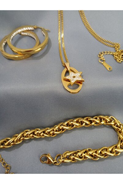 KobalBusiness Çelik set-16 cm örme zincir bileklik+yıldızlı 60cm zincir +taşlı kesme küpe set.