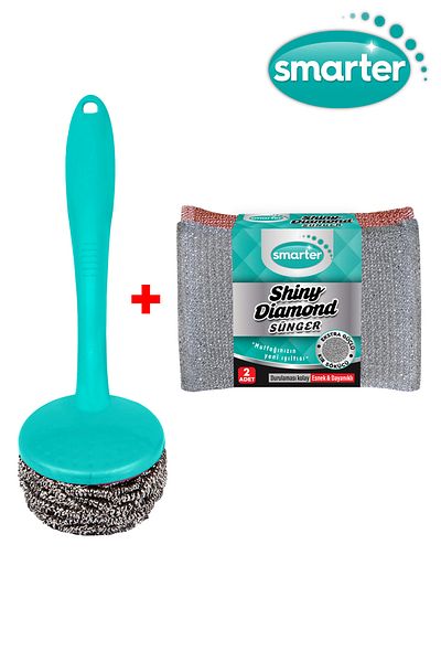 SMARTER Shiny Diamond Dish Sponge 2 Pieces & Handle Scouring Wire Inox