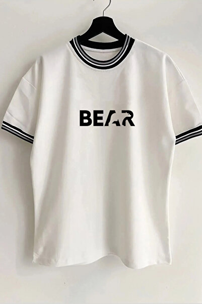 Vordevia Urs - Tricou oversize unisex alb cu nervuri, cu guler și mâneci impr...