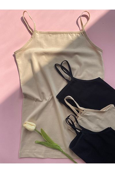 LEYNA BUTİK Women's (2 Skin - 2 Black) 4 Pack Cotton Rope Strap Tank Top
