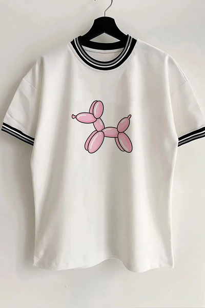 Vordevia Tricou oversize unisex alb cu nervuri, cu guler și mâneci imprimate ...