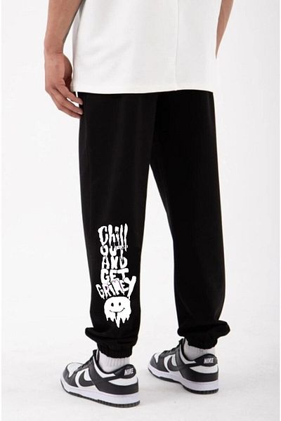 LAND MODA Unisex Slimfit Μαύρο Elasticized Chill Out εμπριμέ παντελόνι