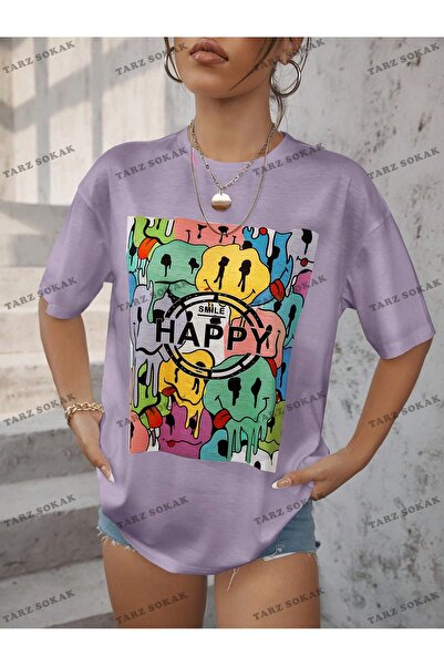 Adrift Unisex BAY Γυναικείο γράμμα κινουμένων σχεδίων με χαμογελαστό πρόσωπο με κοντομάνικο μπλουζάκι KOD-1376