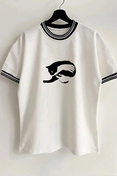 Vordevia تي شيرت أبيض كبير الحجم للجنسين مطبوع عليه قطة وياقة وأكمام للموسم ا...