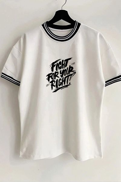 Vordevia Tricou unisex oversize alb cu nervuri Fight For Your Right, imprimat cu guler și mâneci de sezon nou