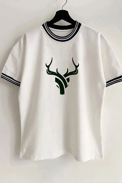 Vordevia Tricou unisex oversize alb cu nervuri, cu imprimeu de cerb, cu guler și mâneci