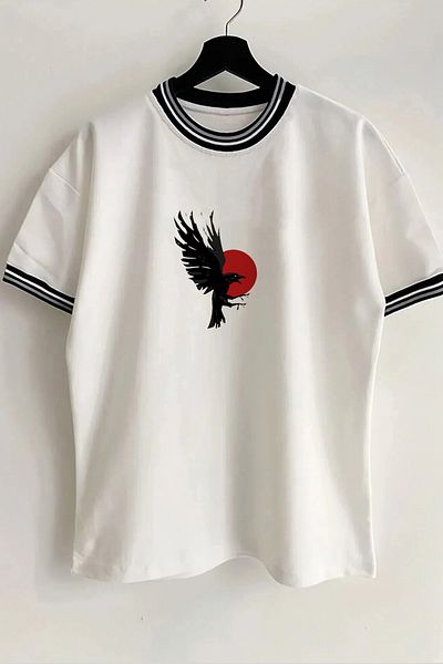 Vordevia Crow Printed New Season Λευκό Oversize Unisex Tshirt με λεπτομέρεια γιακά και μανίκια