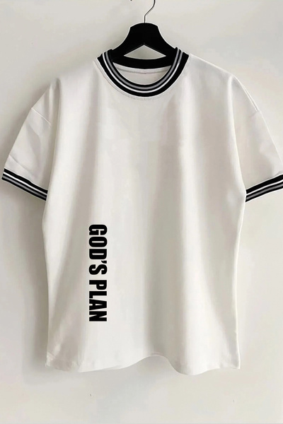 Vordevia God's Plan Printed New Season Λευκό Oversize Unisex Tshirt με λεπτομέρεια γιακά και μανίκια