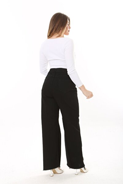 Şans Women's Large Size Black Wide Leg Lycra Jeans with Filthy Stitching 65N37650
